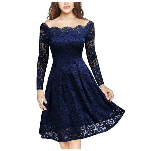 MissMay Retro Gorgeous Swing Dress WMNs XL Navy Floral Lace Long Sleeve Pleated - Picture 2 of 10